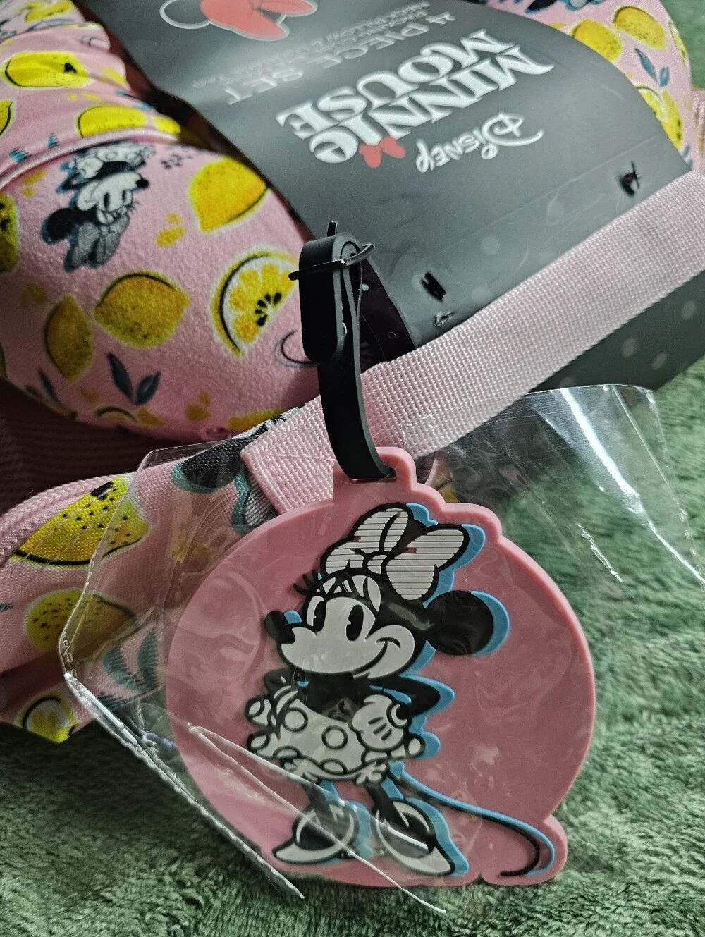 Disney Minnie Mouse 4-Piece Travel Set - Pink W/ Neck Pillow Eye Mask Luggage